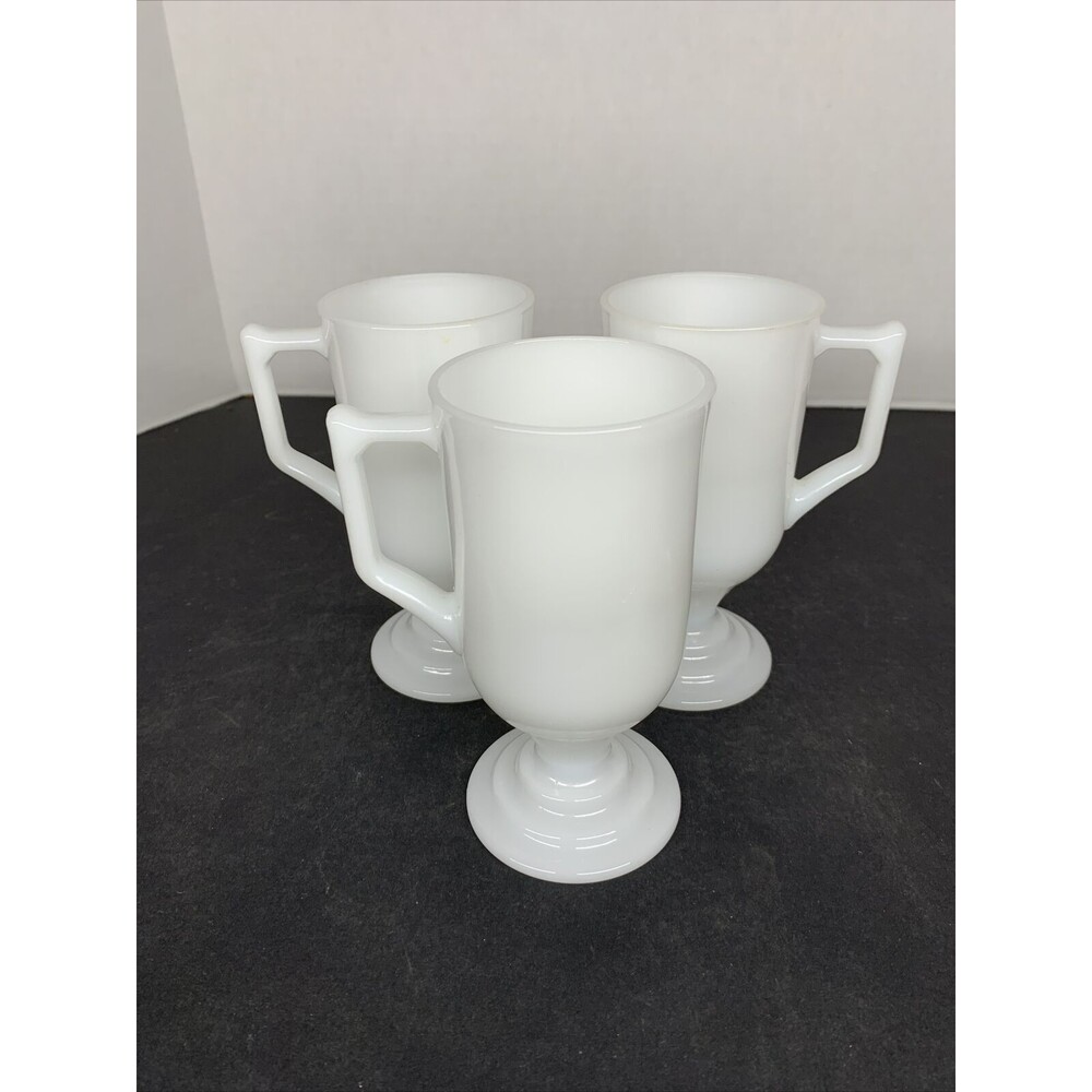 Vintage Lot Milk Glass White Pedestal D Handle Mugs Coffee Cups Lot of 3